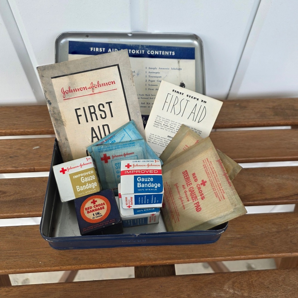 Vintage Johnson & Johnson First Aid Autokit Metal Tin with Original Supplies